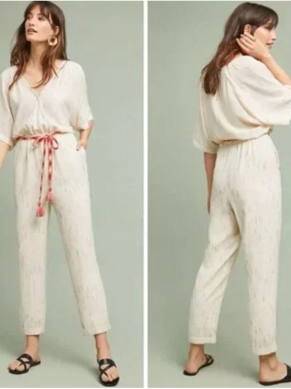 Feather Bone by Anthropologie Cream Knit V-Neck Jumpsuit